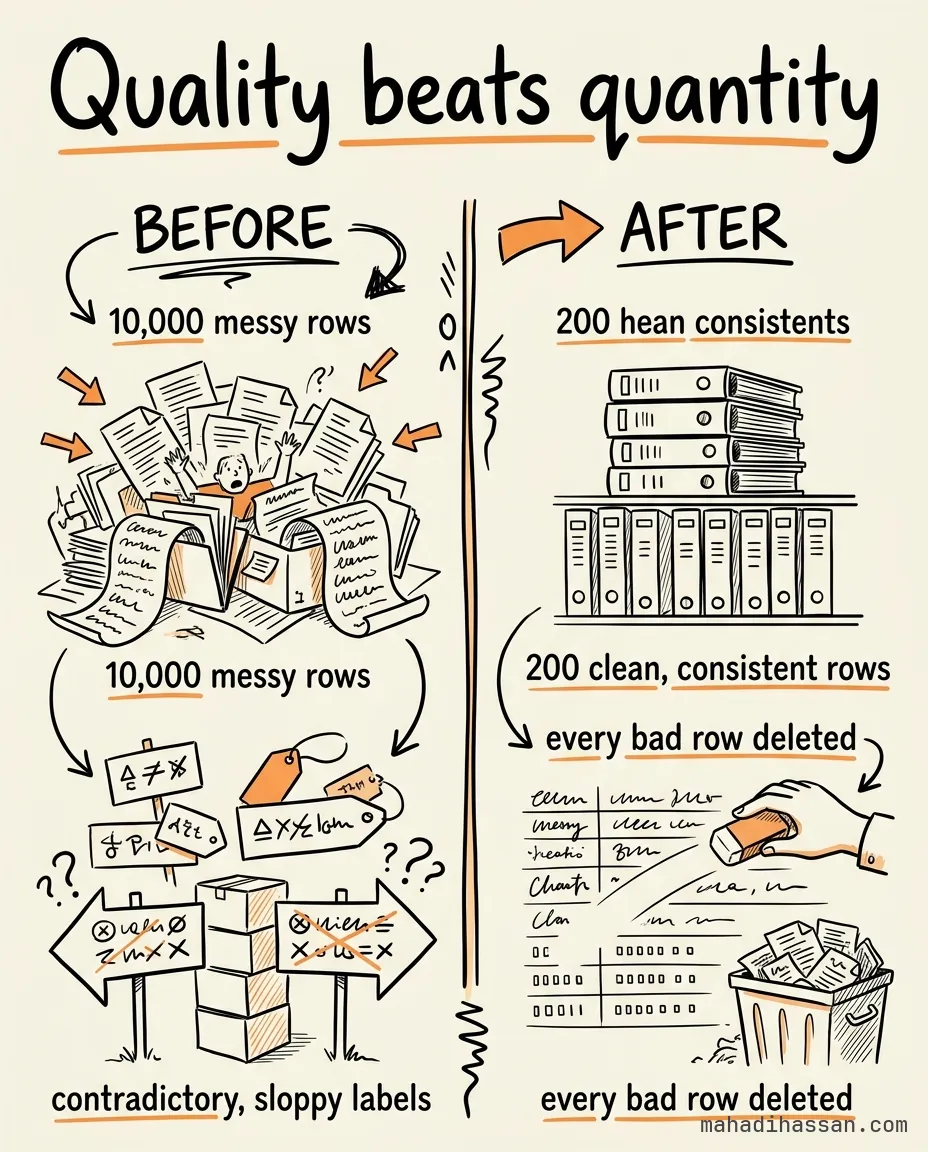 Hand-drawn before-and-after infographic: 10,000 messy, contradictory rows versus 200 clean, consistent rows with every bad row deleted